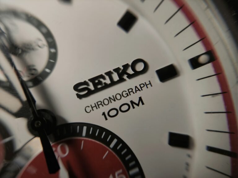 Close-up of an analog chronograph watch dial